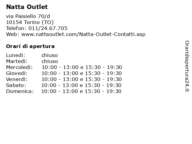 Orari di apertura Natta Outlet via Paisiello